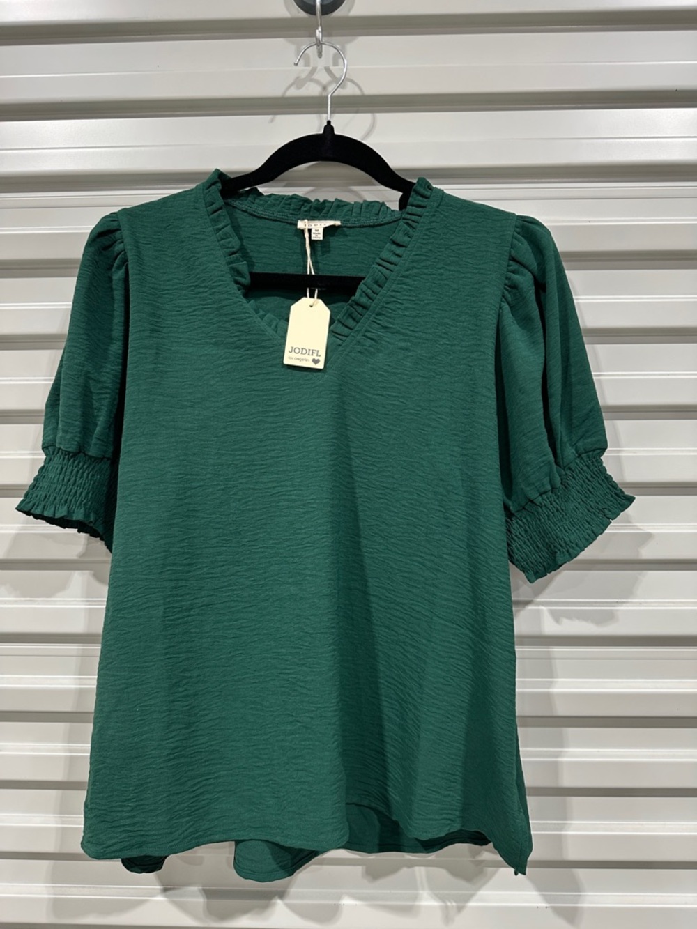 JODIFL Forest Green Ruffle V-Neck Puff Sleeve Blouse